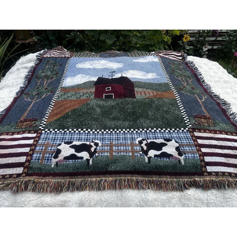 Farmhouse Woven Throw Blanket Red Barn Cows Rooster Americana Fringe 56x48